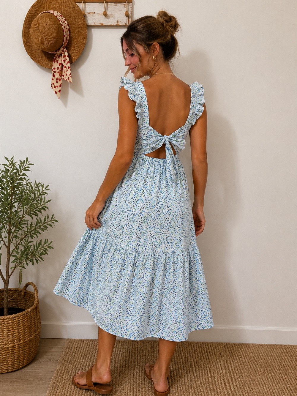 J Crew Factory Blue Floral Tie Back Midi Dress - Picture 2 of 7